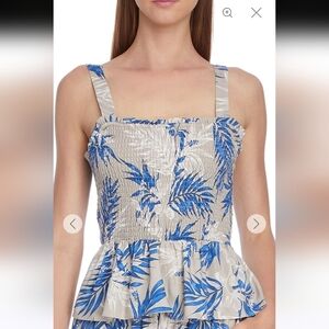 BCBGMaxAzria linen blend palm print shirred peplum tank top